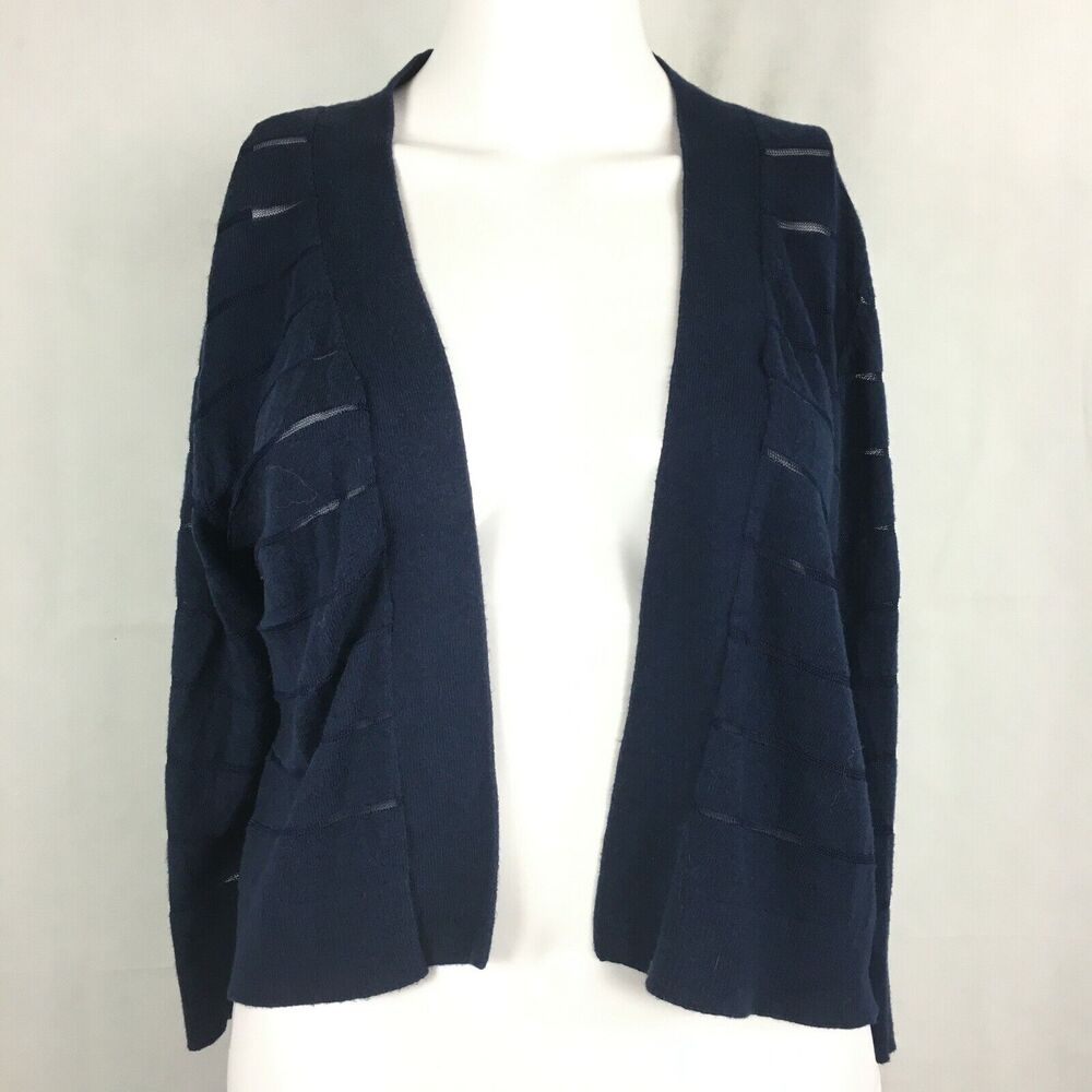 Tu Woman Cardigan Sz‎ 10 Blue Sheer Striped Cropped Open Front Sweater